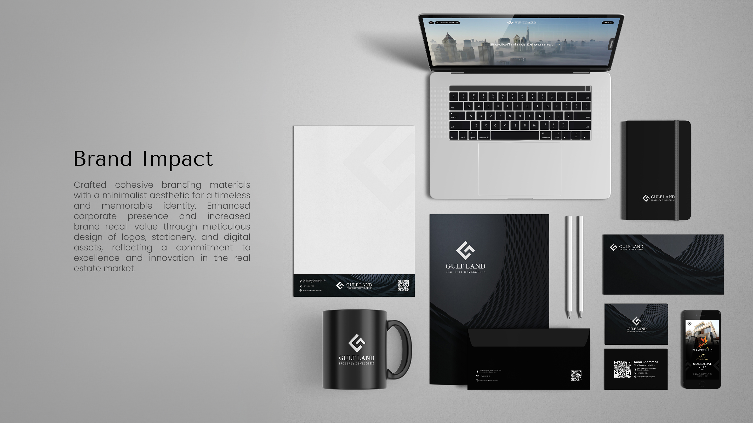 Gulf Land brand impact presentation with stationery, business materials and digital touchpoints