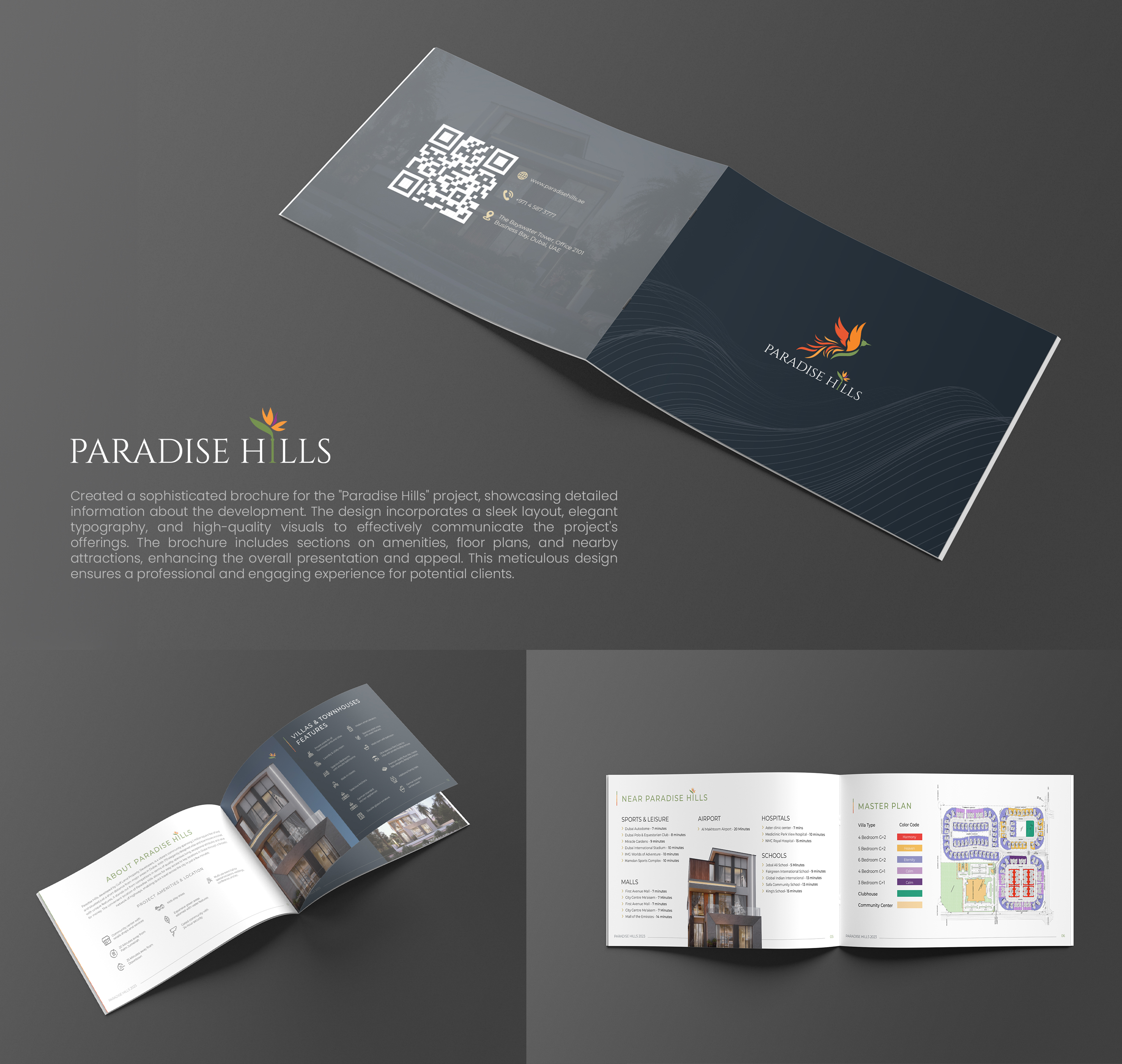Paradise Hills brochure cover, interior editorial spreads and project information