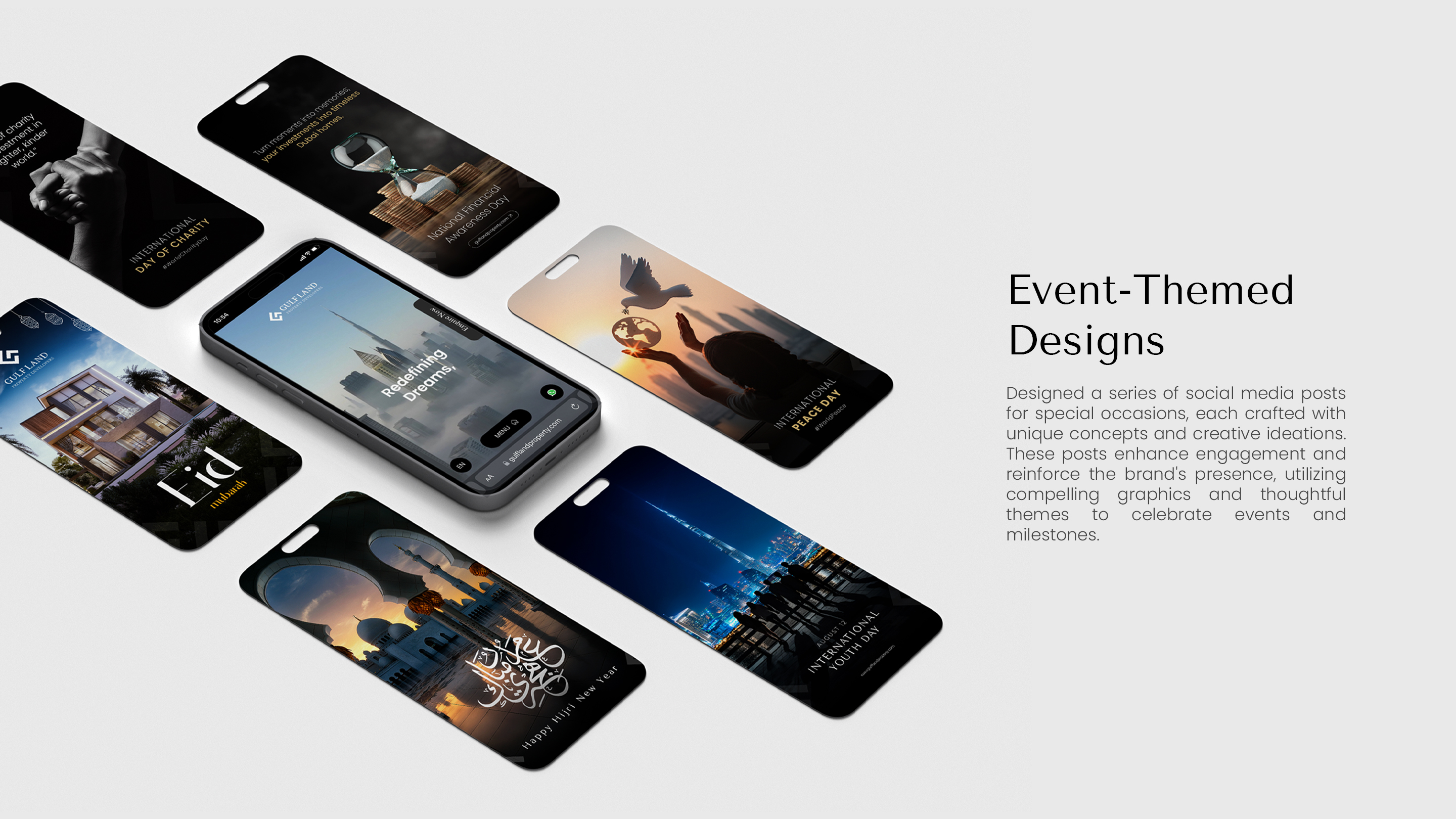 Gulf Land event-themed social media designs presented on mobile screens